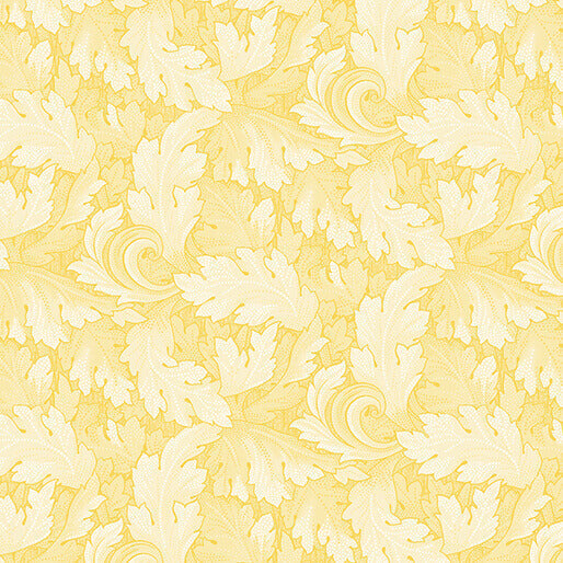 All About Daisies Twirling Leaves quilting fabric in light yellow by Jackie Robinson for Benartex, leaf print on yellow cotton, sold by the yard