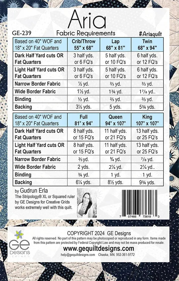 Aria - 1/2 yard or Fat Quarter Pattern 239 GE Designs