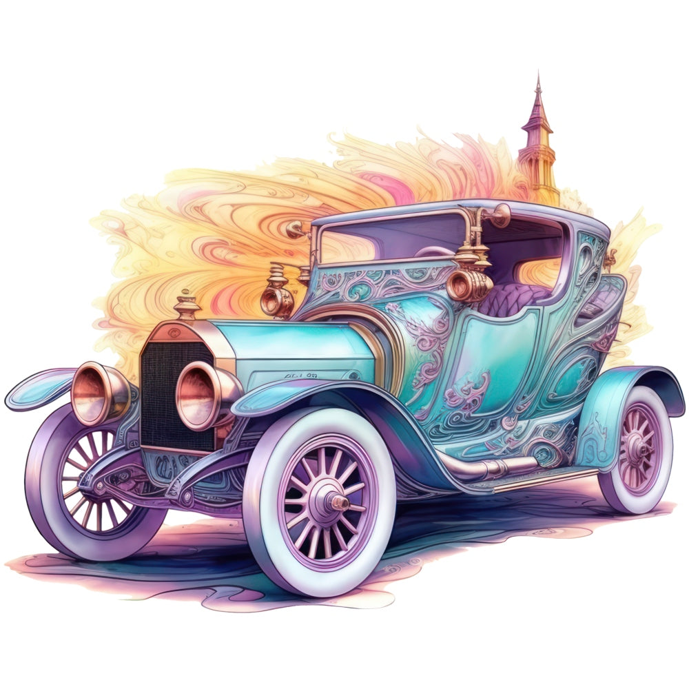 Art Nouveau Retro Cars Fabric Panel 20 QuiltingFabricPanels