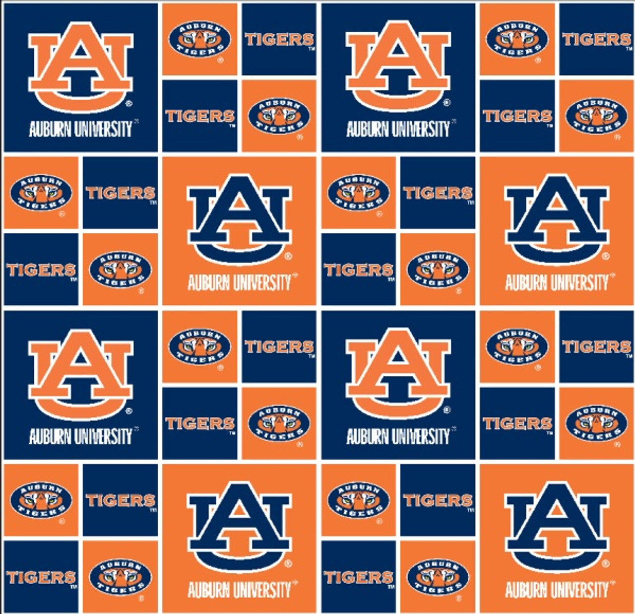 Auburn Tigers Geometric licensed collegiate quilting fabric by Sykel Enterprises, orange and navy team print on cotton, sold by the yard