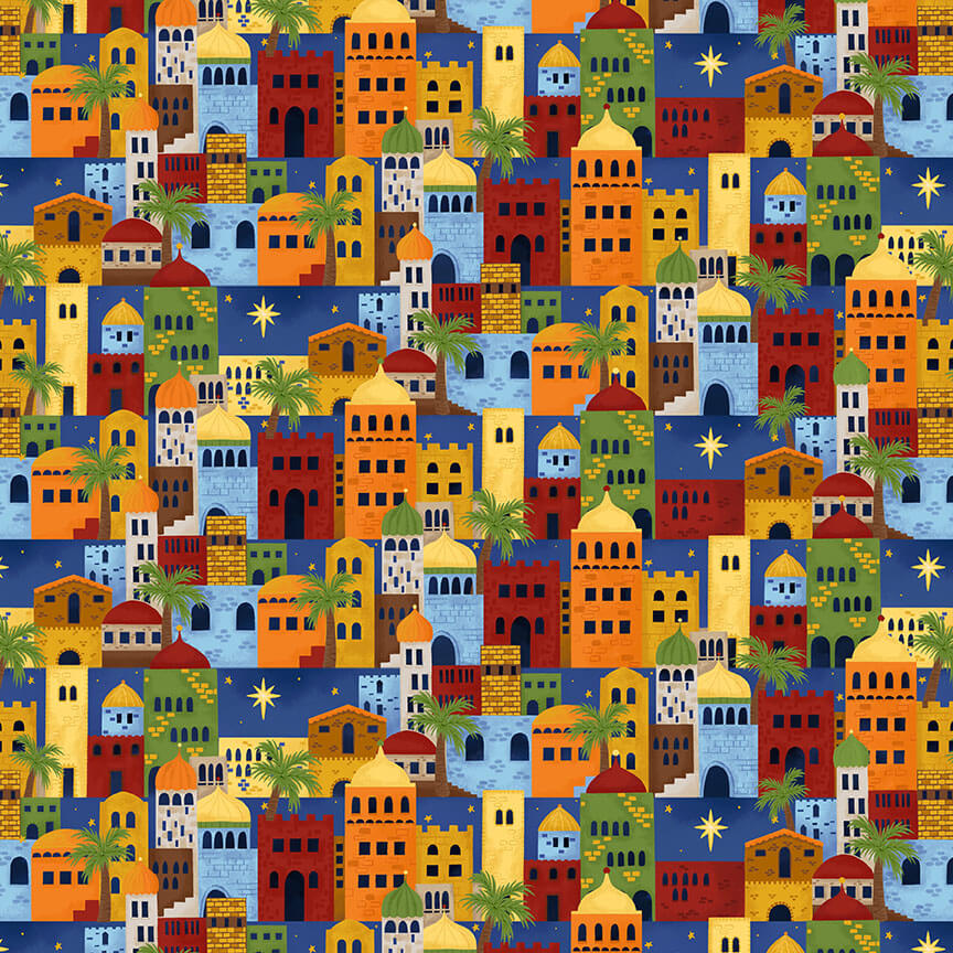 Away in a Manger - Allover Buildings - Blue 44" / 45" Fabric Per Yard