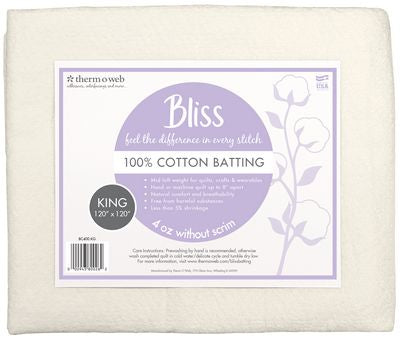 Bliss Batting 100% Cotton King 120in x 120in