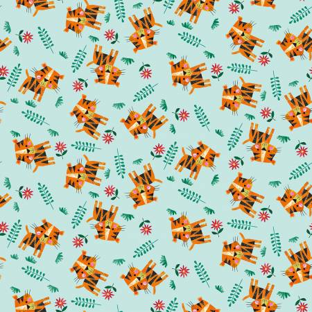 Blank Fabrics Zoo Crew Tossed Tigers quilting fabric in Soft Blue