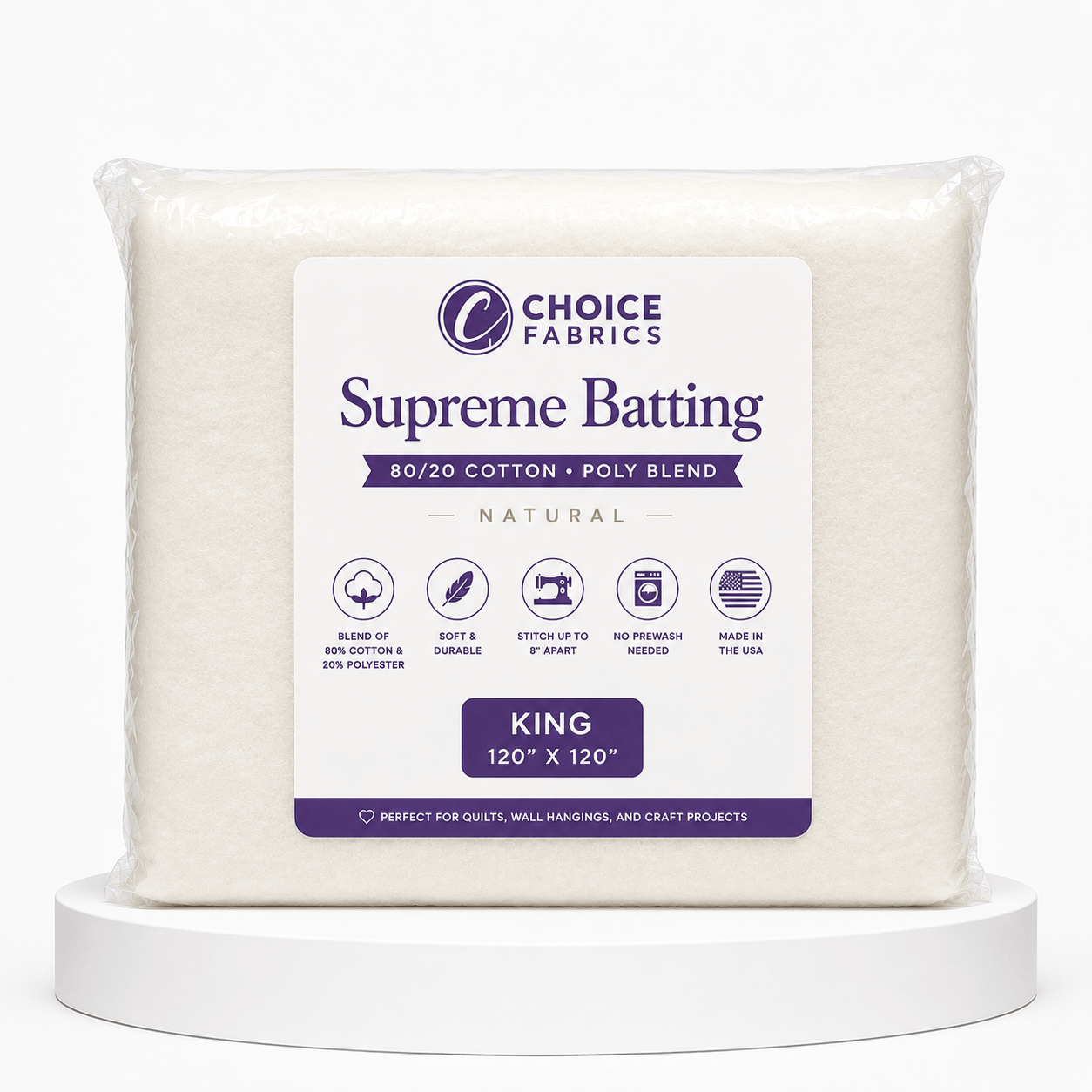 Choice Supreme 80/20 cotton poly blend quilt batting king size 120 by 120 inches