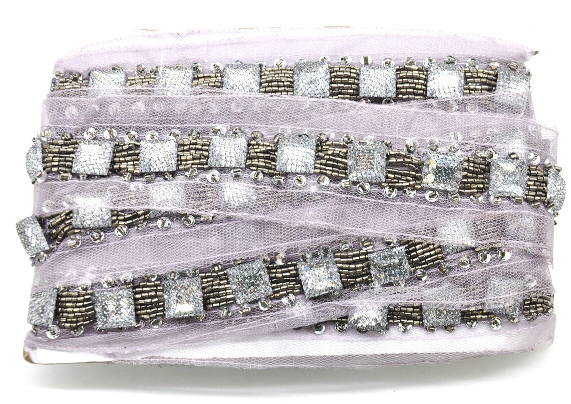 Beaded Trim on Netting, 2" X 5 Yard Roll - For Dressmaking, Costume Design, DIY Crafts