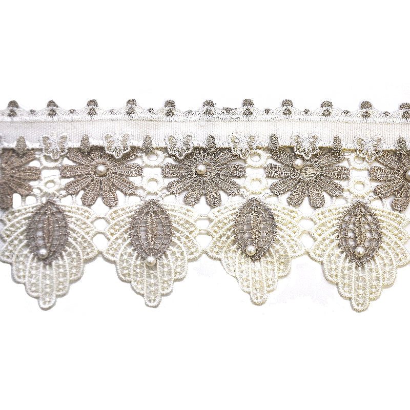 Beige & Silver Floral Lace Trim with Pearl Accents, 4 in X 5 Yards – Scalloped Embroidered Decorative Trim