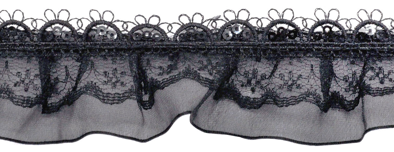 Belagio Enterprises - 1 1/2" Width Doubled Gathered Lace (10 Yard Roll) - BRL-801-02 Black