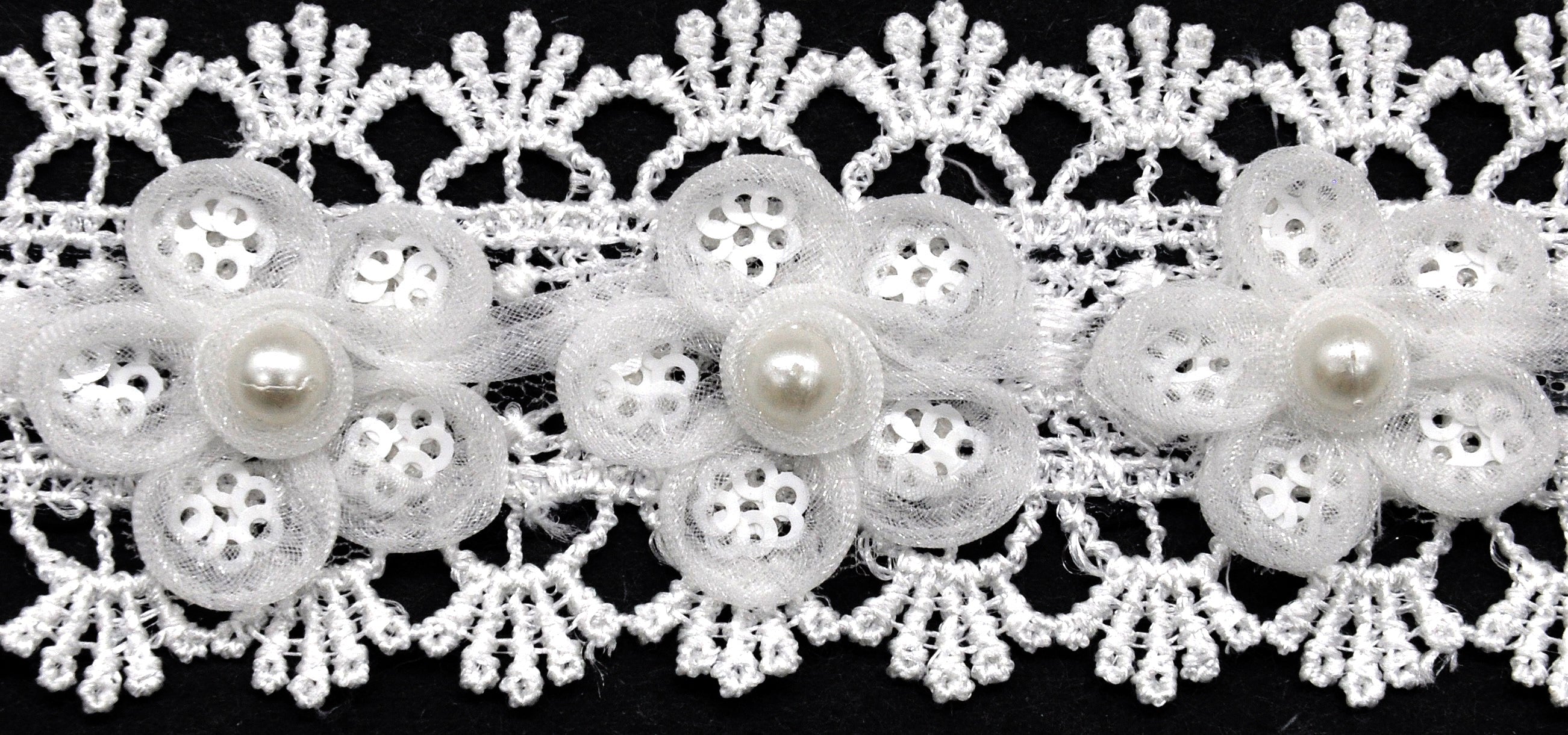 Belagio Enterprises - 2" Width Embossed Lace Trim with Pearls (15 Yard Roll) - BTP-1809-27 White