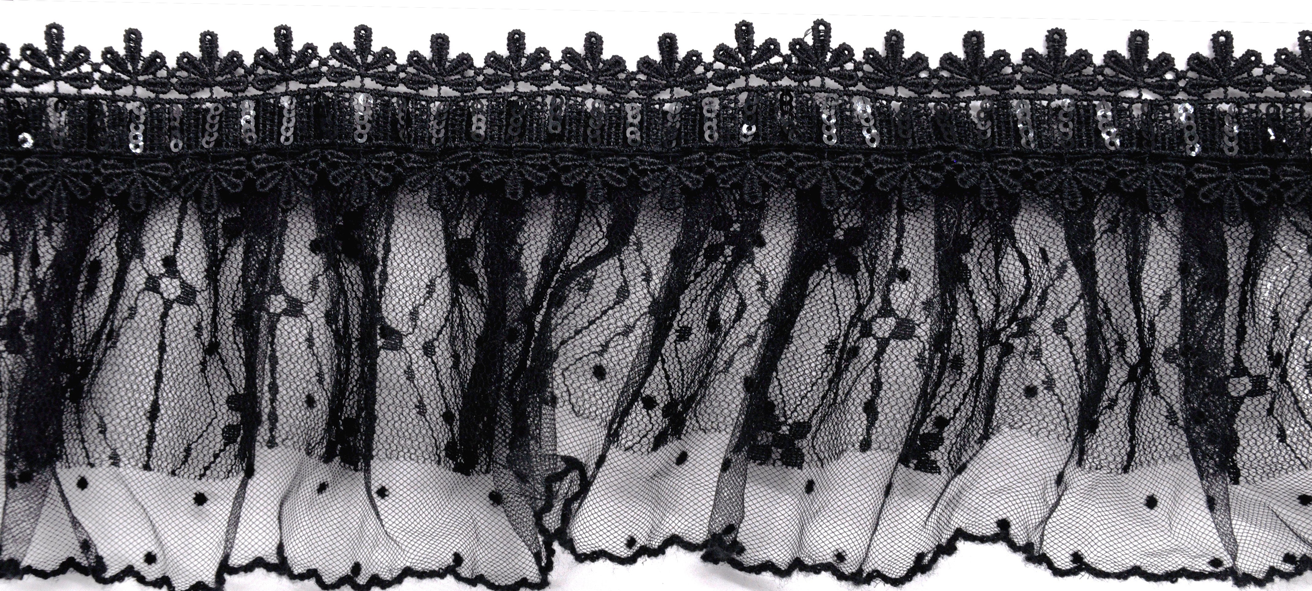 Belagio Enterprises - 3 1/2" Width Doubled Gathered Lace (10 Yard Roll) - BRL-802-02 Black