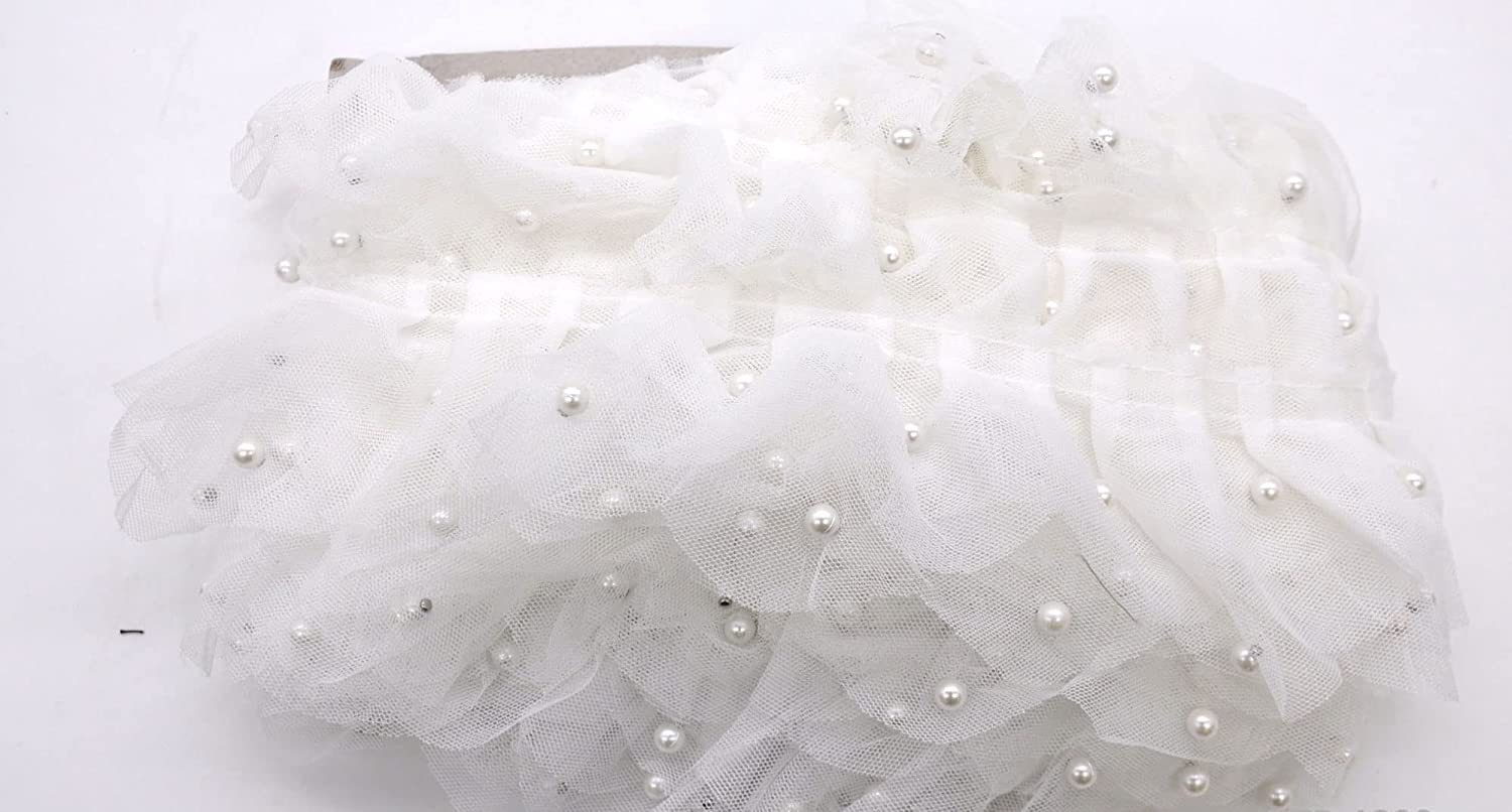 Belagio Enterprises - 3" Width Gathered Lace with Scattered Pearls (10 Yard Roll) - BTP-1800-27 White