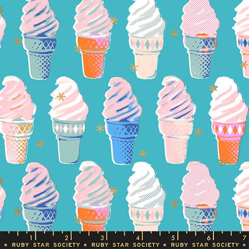 Best Day Ever Metallic Turquoise Ice Cream Cotton 43"/44" Fabric Per Yard