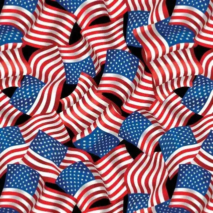 Black Background Flag Celebration Cotton Wideback Fabric ( 1 yard pack ) - Linda's Electric Quilters