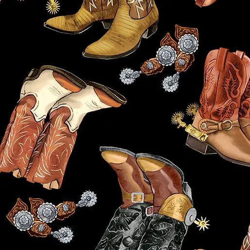 Black Charcoal Cowboy Boots Cotton Wideback Fabric per yard Benartex Inc