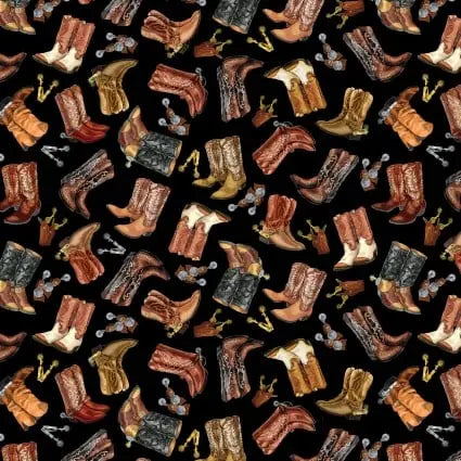 Black Charcoal Cowboy Boots Yellowstone Cotton Wideback Fabric per yard - Linda's Electric Quilters