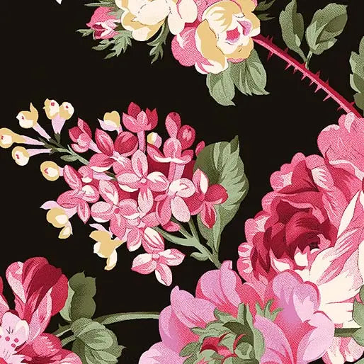 Black Charcoal Rose Garden Cotton Wideback Fabric per yard