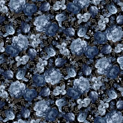 Black Denim Midnight Floral Cotton Wideback Fabric per yard - Linda's Electric Quilters