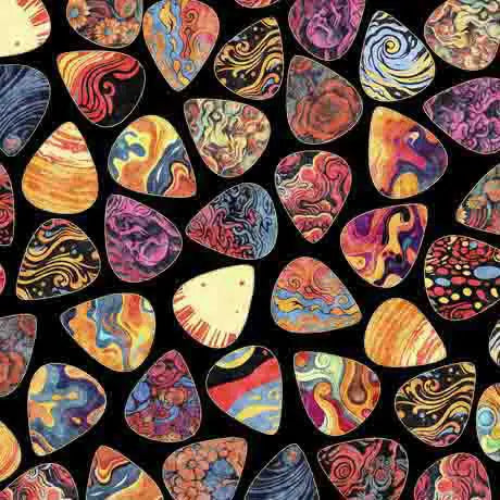 Black Guitar Pics 44"/45" Fabric Per Yard - Linda's Electric Quilters