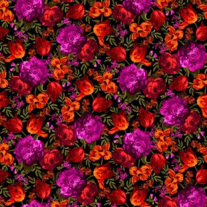 Black Hot Midnight Floral Cotton Wideback Fabric per yard - Linda's Electric Quilters