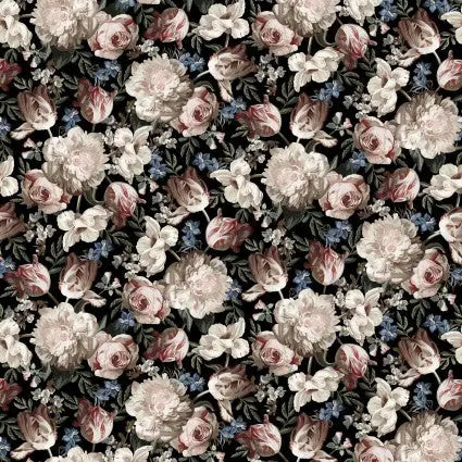 Black Nuetral Midnight Floral Cotton Wideback Fabric per yard - Linda's Electric Quilters