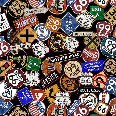 Black Route 66 Toss 44"/45" Fabric Per Yard - Linda's Electric Quilters