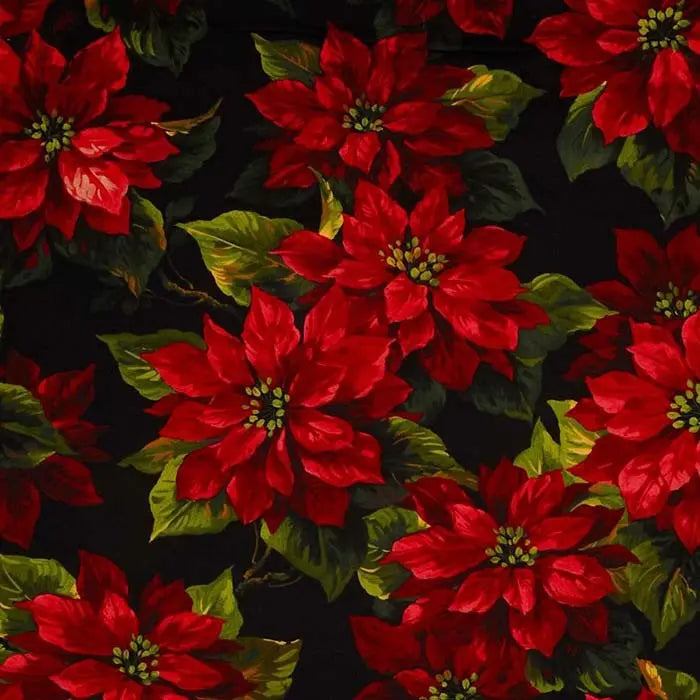 Black Scarlet Poinsettia Cotton Wideback Fabric per yard - Linda's Electric Quilters