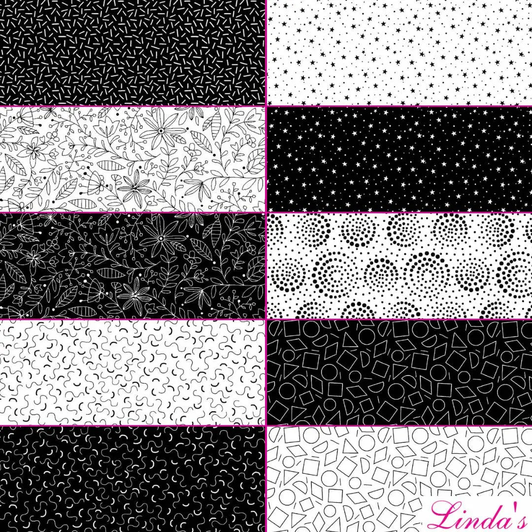 Black and White Fat Quarter Bundle - Set of 10 - Linda's Electric Quilters