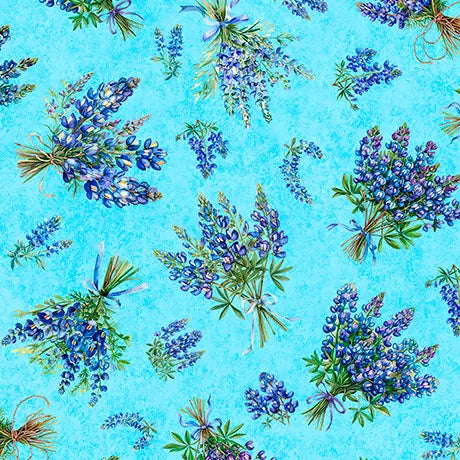 Blue Bluebonnet Bouquets Cotton 44"/45" Fabric Per Yard