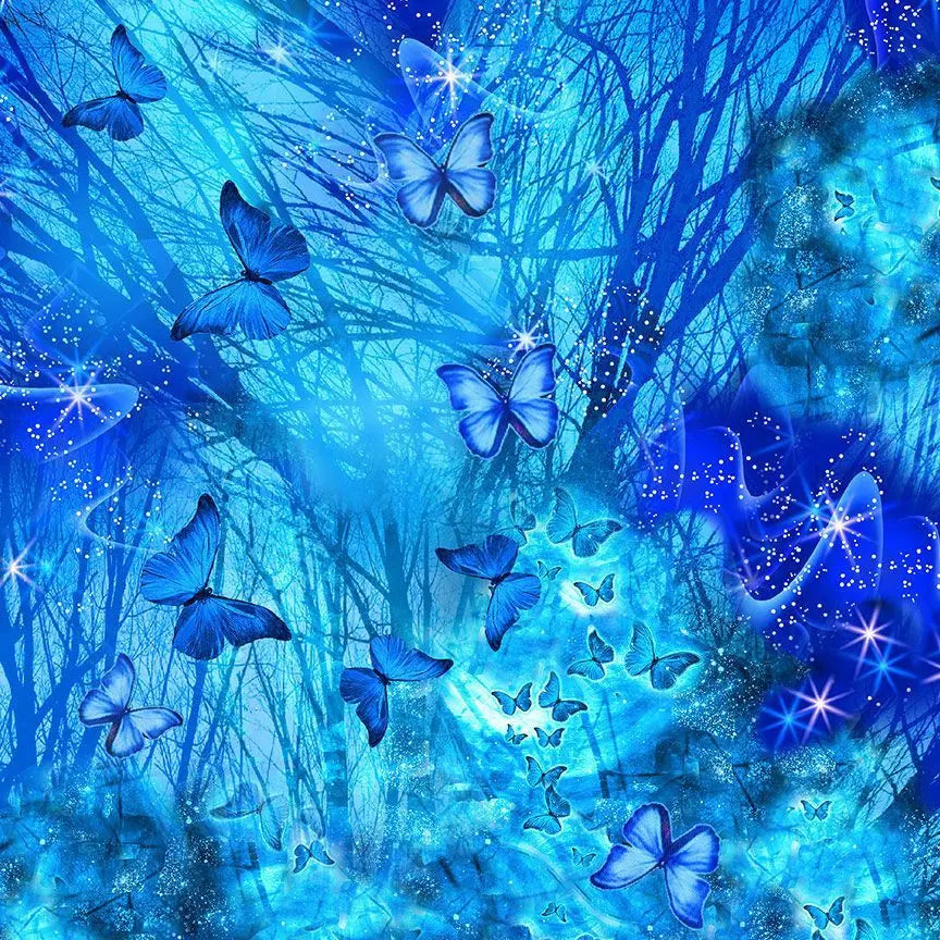 Blue Bright Night Butterflies Royalty Cotton Wideback Fabric Per Yard Timeless Treasures