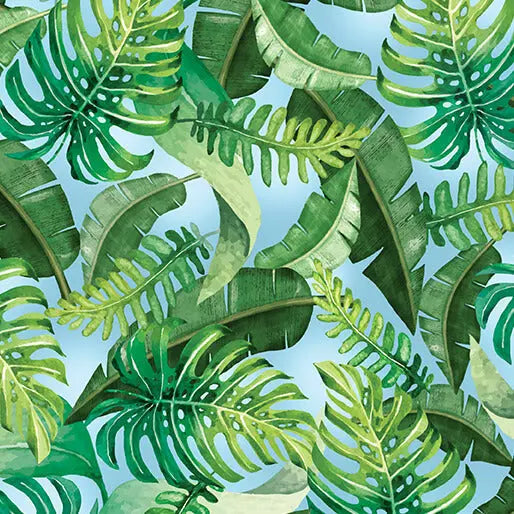 Blue Green Leaves Of Paradise Cotton Wideback Fabric per yard Benartex Inc