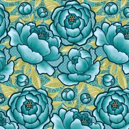 Blue Green Teal Frolic Bloom Cotton Wideback Fabric per yard - Linda's Electric Quilters