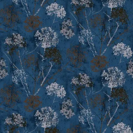 Blue Navy Dandelion Stamp Cotton Wideback Fabric per yard