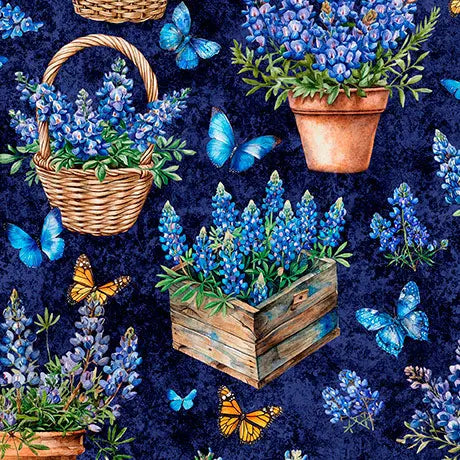 Blue Navy Potted Bluebonnets Cotton 44"/45" Fabric Per Yard