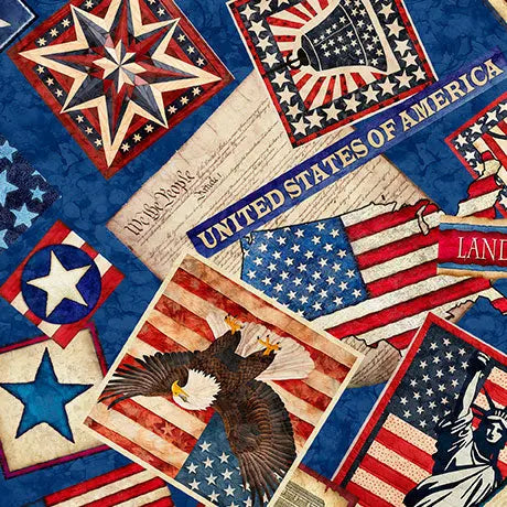 Blue Patriotic Collage Wideback Cotton Fabric per yard - Linda's Electric Quilters