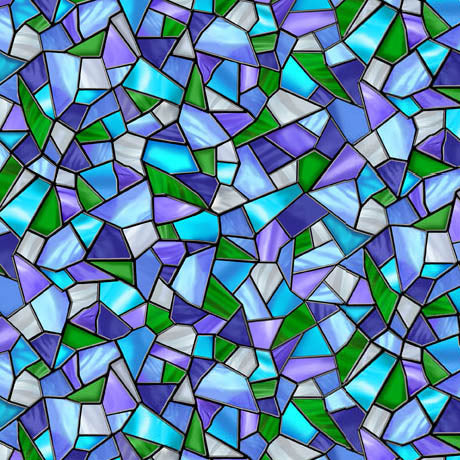 Blue Sunlit Birds Mosaic Wideback Cotton Fabric