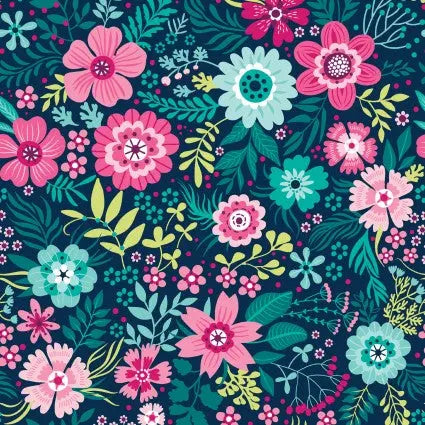 Blue Wallflowers Navy Cotton Wideback Fabric per yard - Linda's Electric Quilters