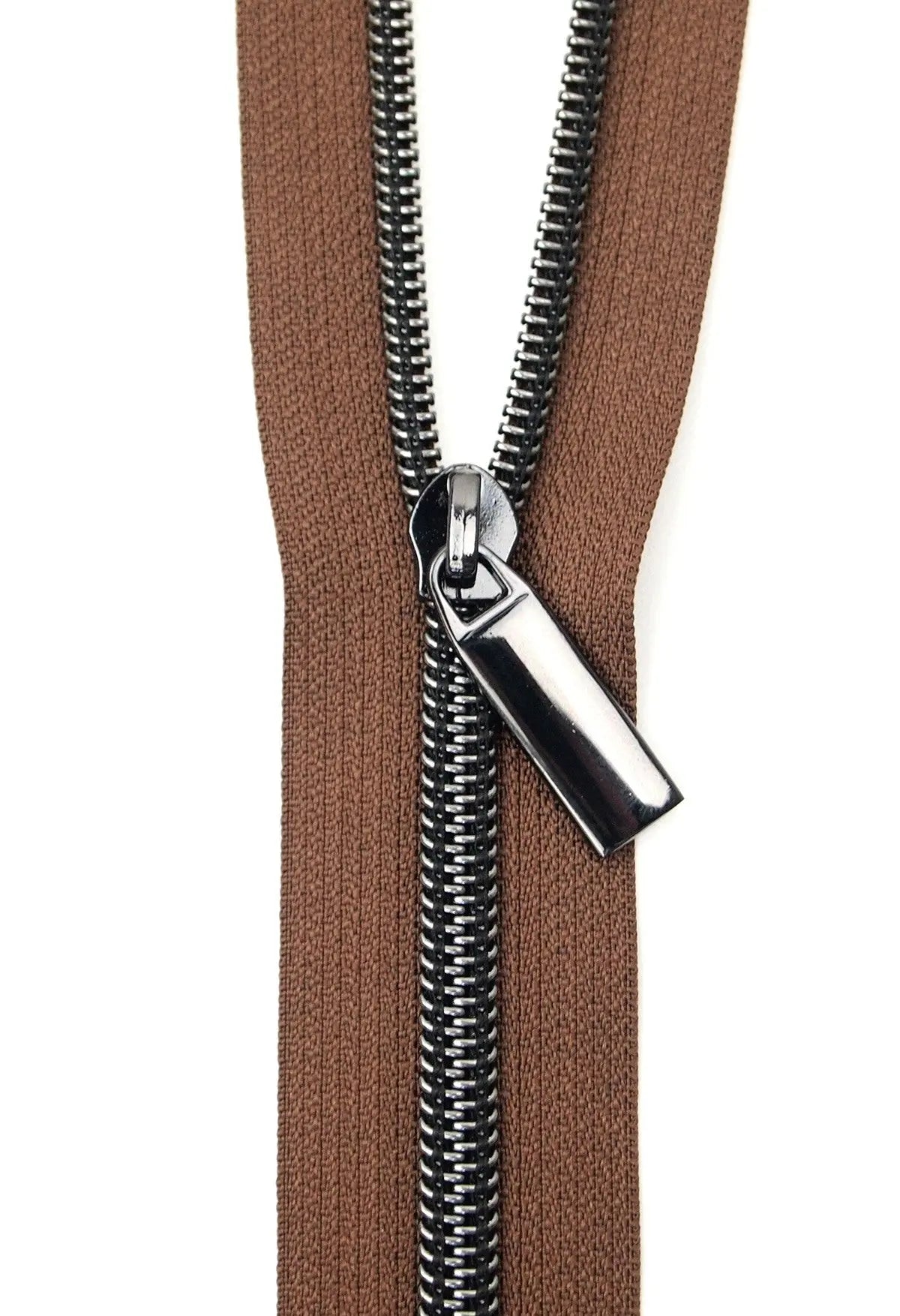 Brown #5 Nylon Gunmetal Coil Zippers: 3 Yards with 9 Pulls - Linda's Electric Quilters