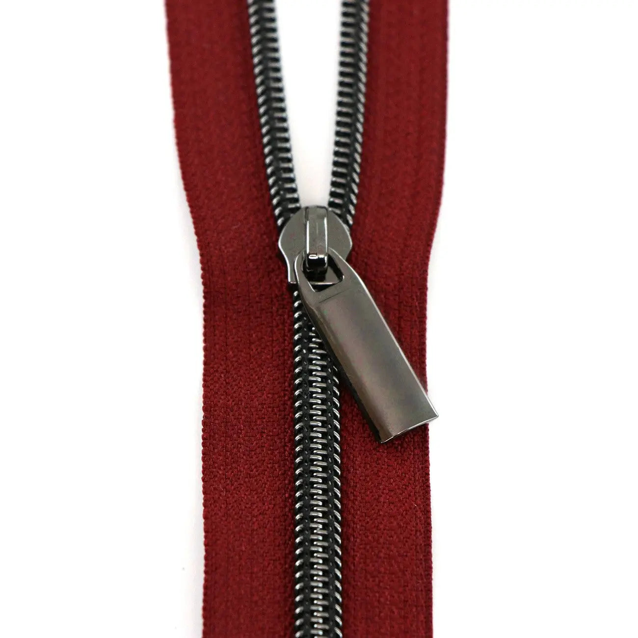 Burgundy #5 Nylon Gunmetal Coil Zippers: 3 Yards with 9 Pulls - Linda's Electric Quilters