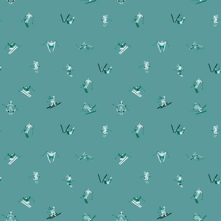 Riley Blake Ski Hill skiers winter quilting cotton fabric in Teal
