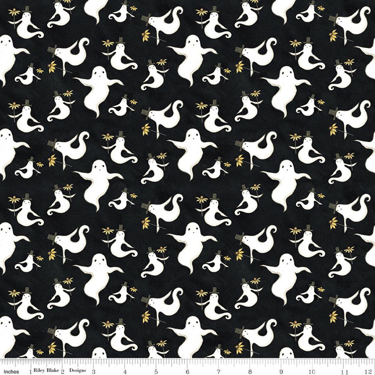 Spooky Ghosts Black 45" wide fabric per yard