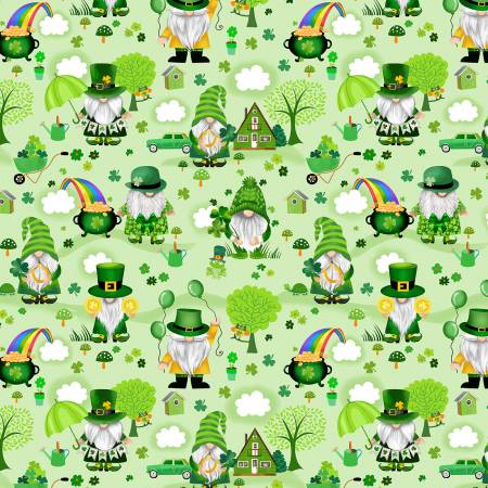 Timeless Treasures St Patricks gnome scenic quilting cotton fabric in Green