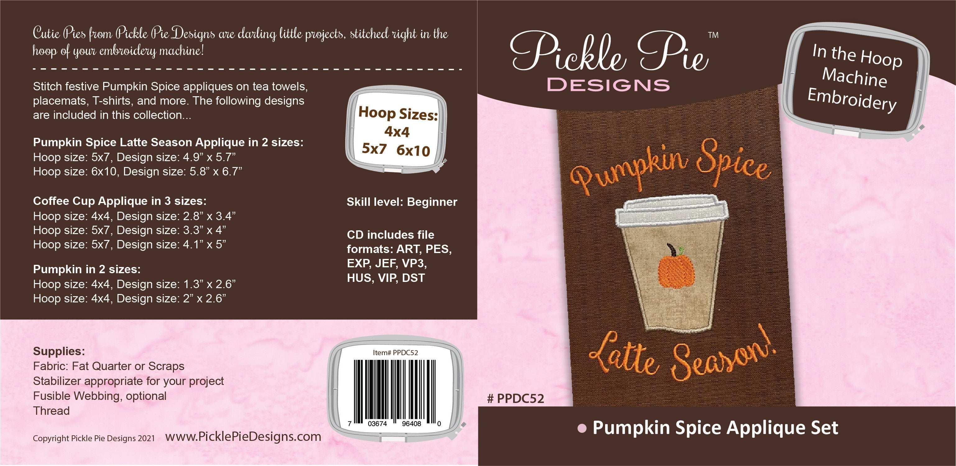 Pumpkin Spice Applique In the Hoop Embroidery Design Collection