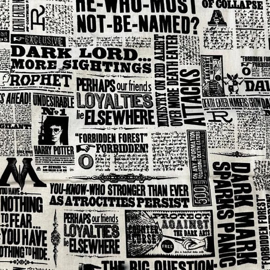 Harry Potter Newspaper Daily Prophet Black and White Cotton 44"/45" Fabric Per Yard