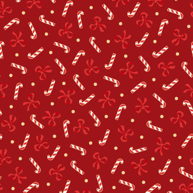 Candy Canes And Bows Metallic Red Merry Mix 43"/44" Cotton Fabric Per Yard