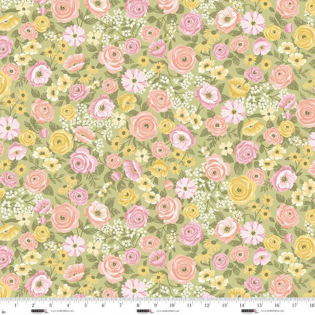 Celadon Multi Floral Layla 44"/45" Cotton Fabric per Yard