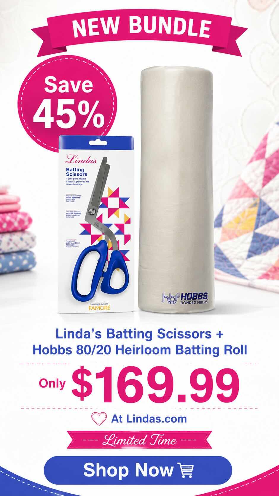 Hobbs 80/20 Batting Roll + Linda's Batting Scissors Bundle – Cut & Quilt Ready
