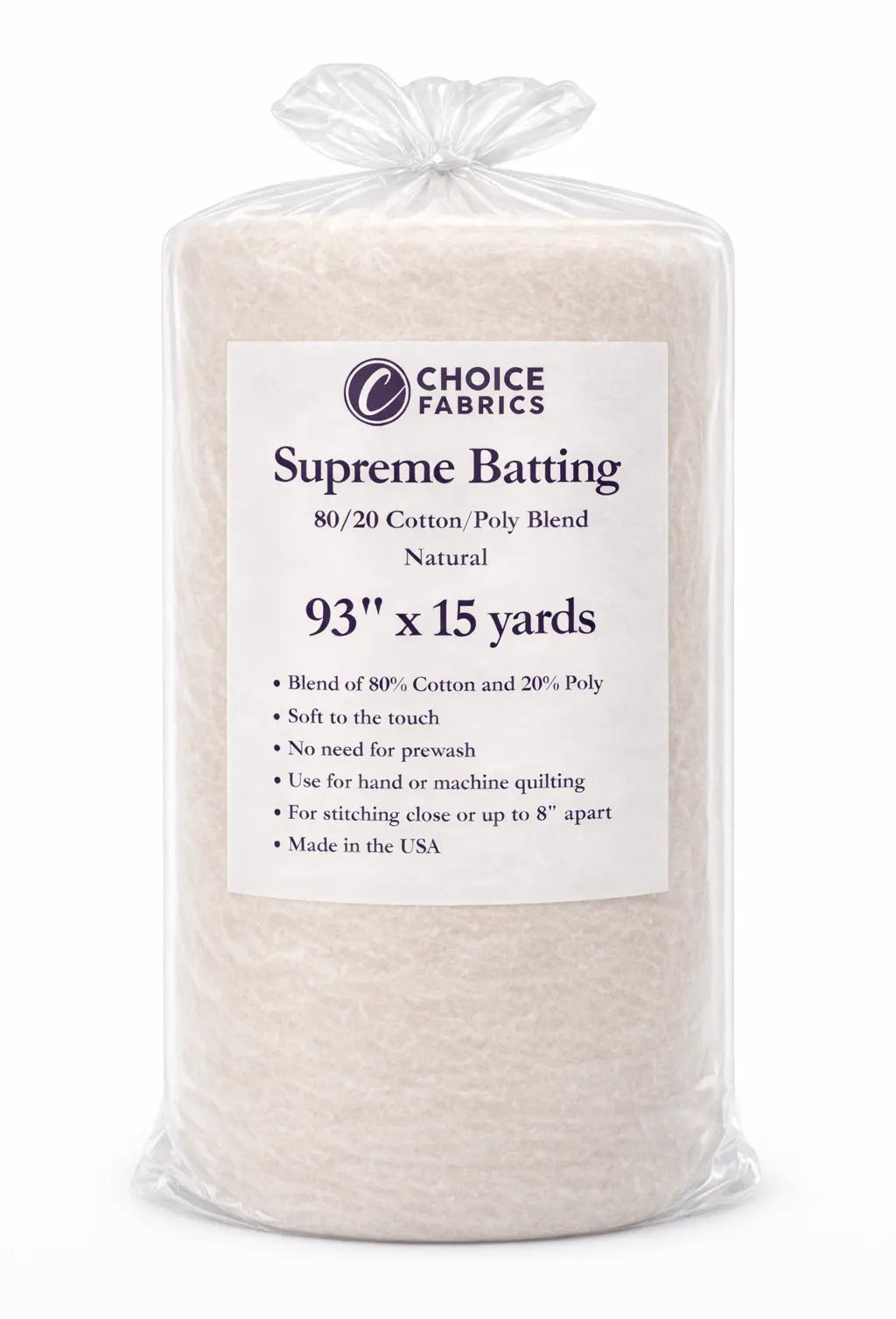 Choice Supreme Batting - 80/20 Cotton/Poly Blend - 15 Yard Roll (93" x 15yds) The Fabric Company