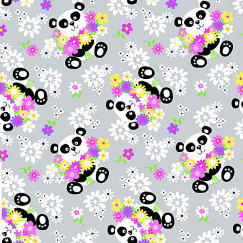 Comfy Flannel Panda Flowers cotton flannel fabric in gray by A.E. Nathan, panda floral print flannel, sold by the yard