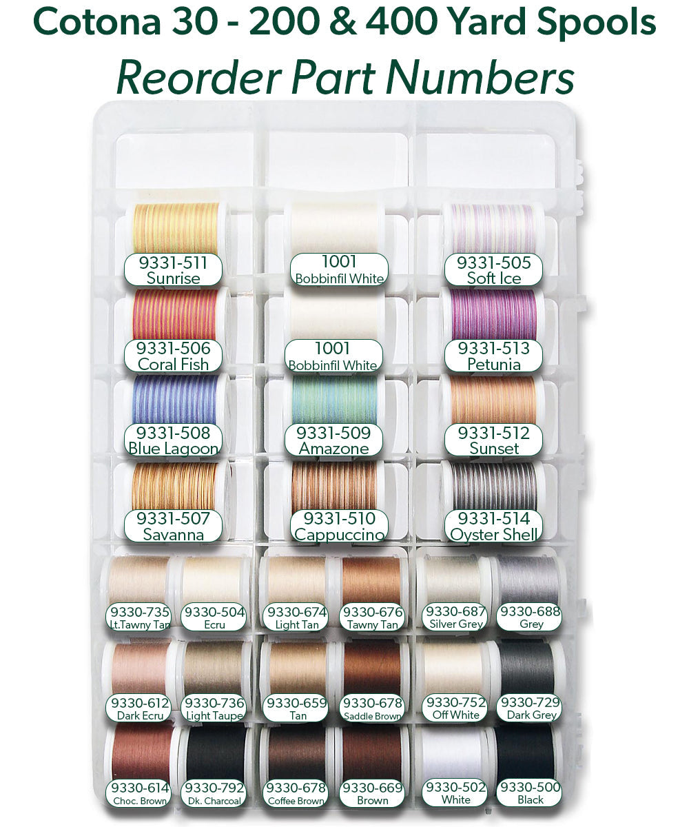 Cotona 30 - 200 & 400 Meter Assortment Box, 60 Solid Colors, 10 Variegated Colors