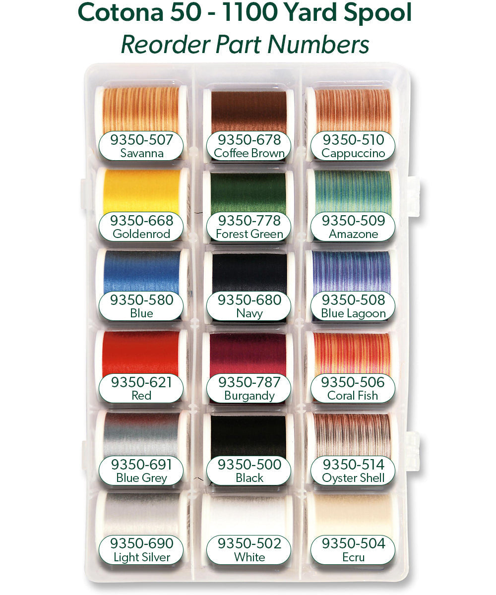 Cotona 50 – 1100-yard (1000m) Assortment Box, 12 Solid Colors, 6 Variegated Colors
