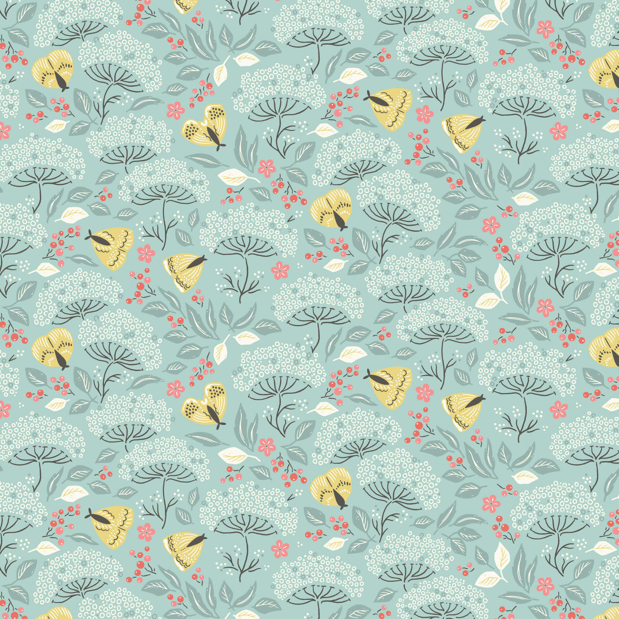 Cottage Garden Moth Haven quilting fabric in turquoise and gold by Kimberly Morgan for Cloud9 Fabrics, moth botanical print, sold by the yard